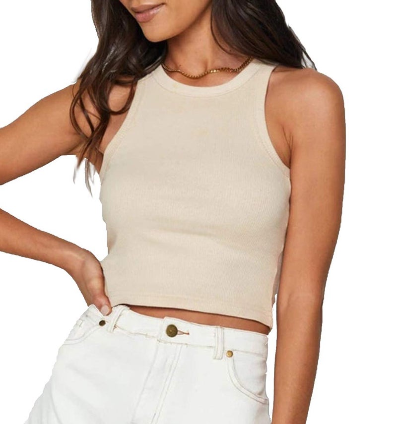 Meladyan Women's Round Neck Basic Racerback Camisole Rib-Knit Solid Sleeveless Crop Tank Tops (Small, Apricot) - Image 1